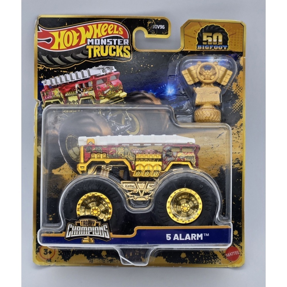 Hot Wheels Monster Trucks 5 Alarm Gold 50th Anniversary Trophy Champions New